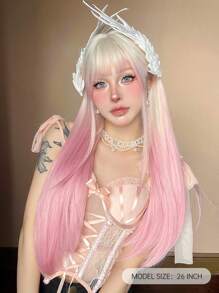 1P Piece Type Synthetic Heat-Resistant Wig White Gradient Pink Long Straight Hair, Layered, Realistic And Natural, 26 Inches Long, Made Of Fiber, Suitable For Party Festival Cosplay Use Of Women's Wig