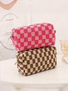 1 件格子针织铅笔盒，撞色便携式收纳袋，化妆包，文具收纳袋，学生便携式铅笔文具袋，旅行洗漱用品收纳袋，可爱刷子收纳袋 - 彩色 - 查看 8