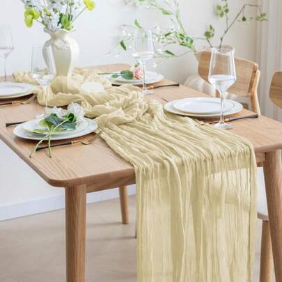 1pc Champagne Cheese Cloth Table Runner, Bohemian Muslin Fabric Tablecloth, Sheer Transparent Table Runner For Baby Shower, Wedding, Bride, Birthday Party, Dining Table Decor