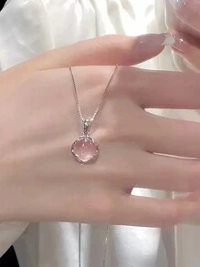 1 pieza Collar de cadena clavícula con dije redondo de cristal rosa con diseño elegante y sencillo al estilo coreano para niñas y mujeres, regalo de joyería