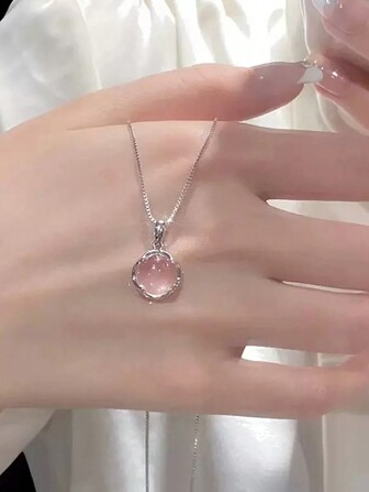 1 Pc Elegant Simple Design Pink Round Crystal Pendant Necklace Korean Fashion Girls Women Star Clavicle Chain Jewelry Gifts