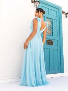 Vestido Longo de Festa Madrinhas com decote em V Detalhes nos Ombros Gylane Azul Serenity - Azul bebê - Visão 4