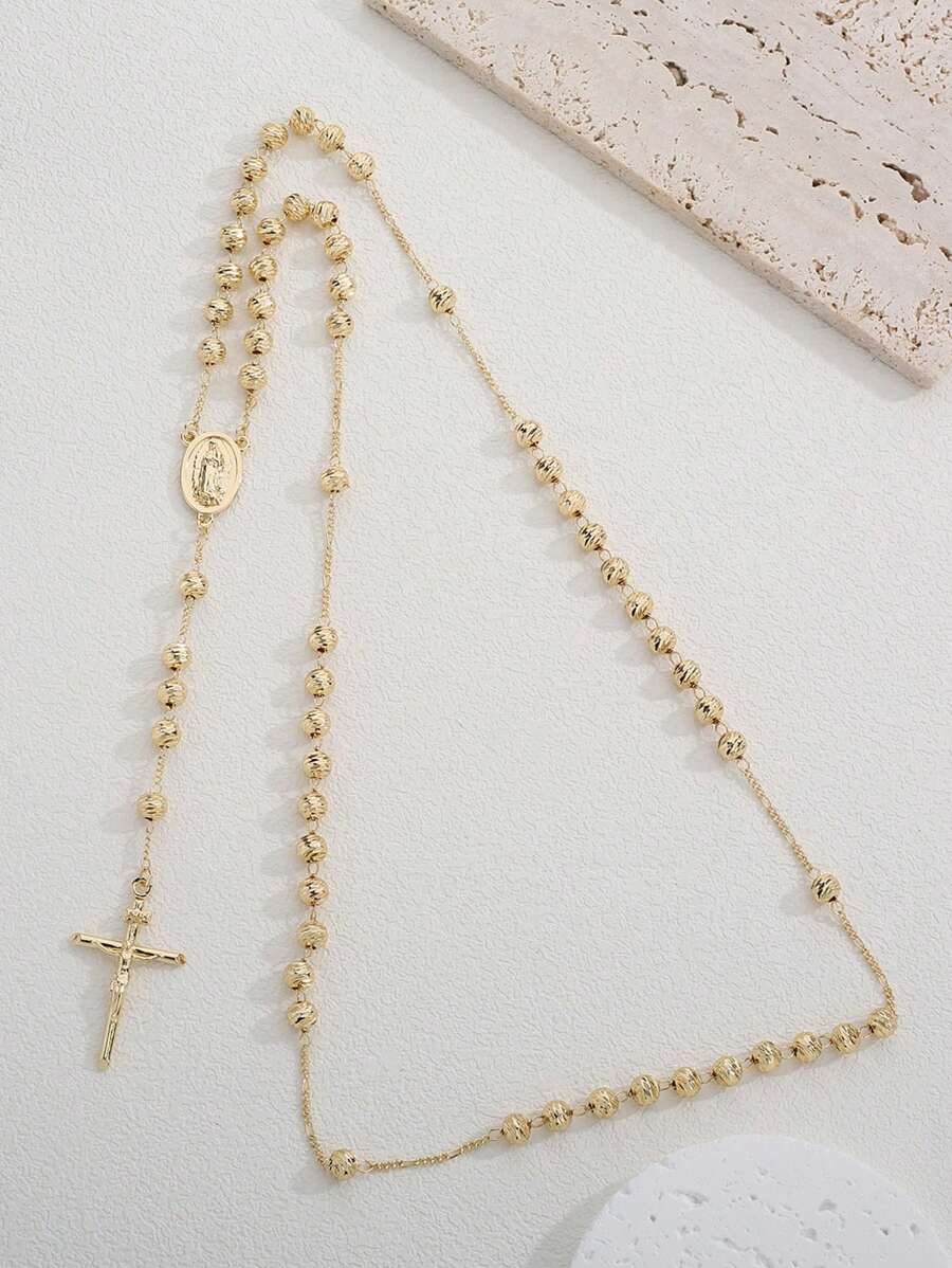 1 chiếc vòng cổ hạt cườm hình Đức Mẹ Maria bằng vàng 14K với mặt dây chuyền hình thánh giá, thích hợp cho phụ nữ đeo hàng ngày hoặc dự tiệc. - Vàng - Xem 1