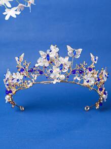 1pc Multicolor Butterfly & Flower Rhinestone Alloy Baroque Crown, European And American Style For Performance, Banquet, Party Travel Accessories - Multicolor - View 5