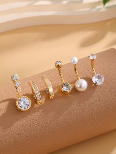 6pcs Stainless Steel Classic Short Belly Button Rings Set With Shiny Cubic Zirconia Inlay, Women's Faux Pearl Decorated Cute Navel Piercing Jewelry For Daily Wear Gifts