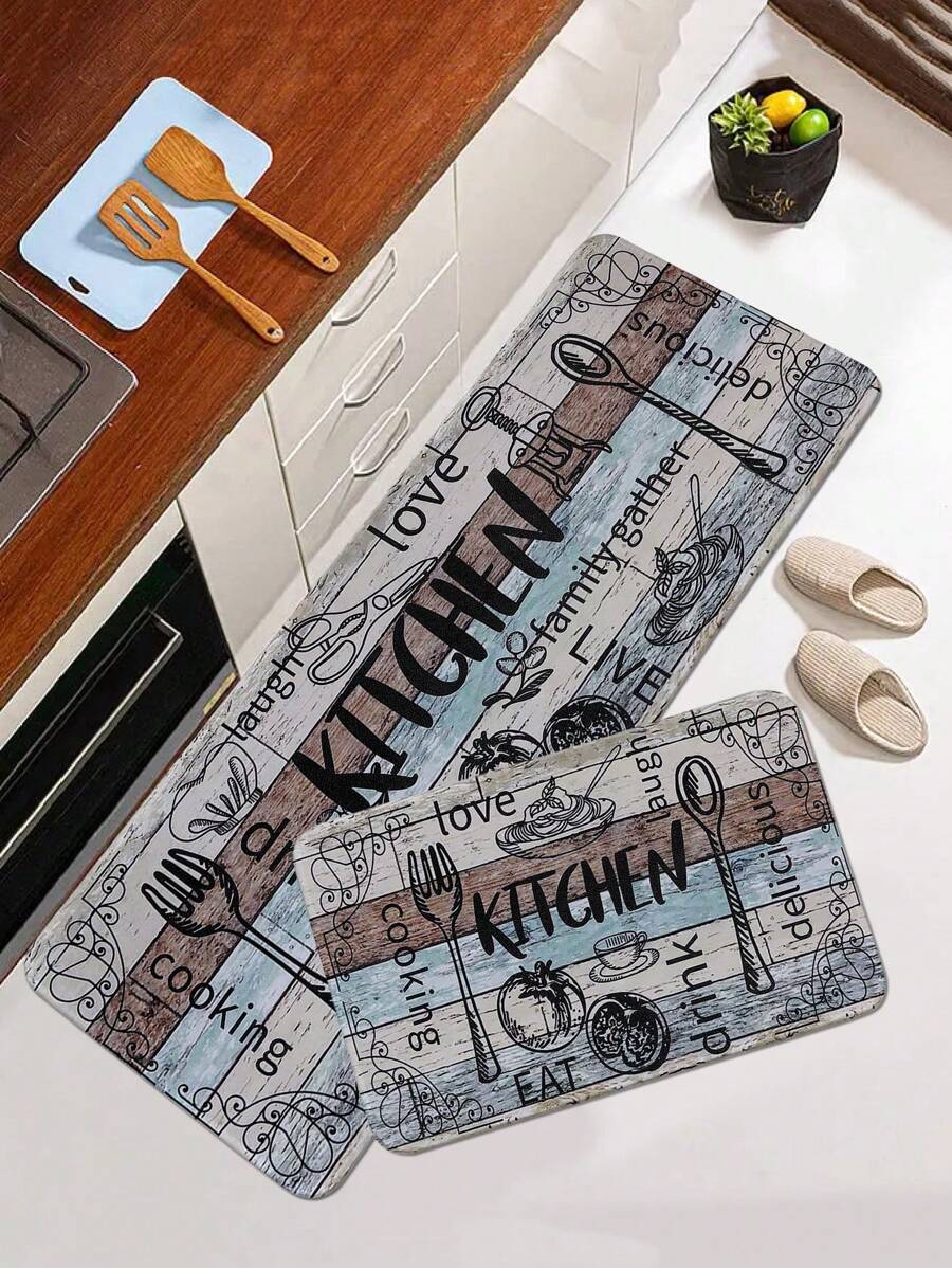 1/2 件多色木板文字和图形印花厨房垫，柔软毛绒矩形防滑地毯，适用于客厅、餐厅、厨房 - 彩色 - 查看 1
