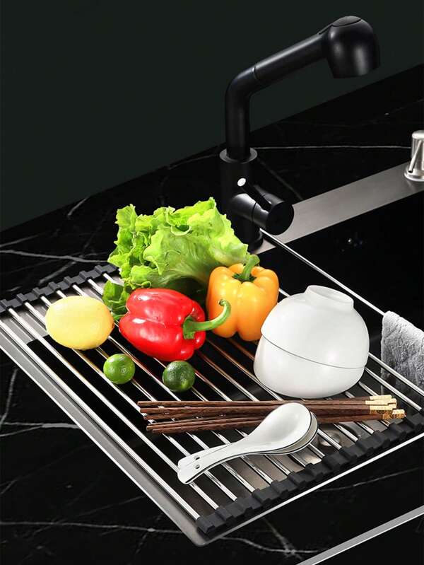 1 pieza Escurridor de platos plegable de acero inoxidable, colador de verduras para fregadero de cocina, grande secador plegable enrollable, salvamanteles aislado, escurreplatos multifunción, almohadilla de limpieza de verduras y almohadilla de aislamiento térmico - Fortalezca su cocina hoy mismo