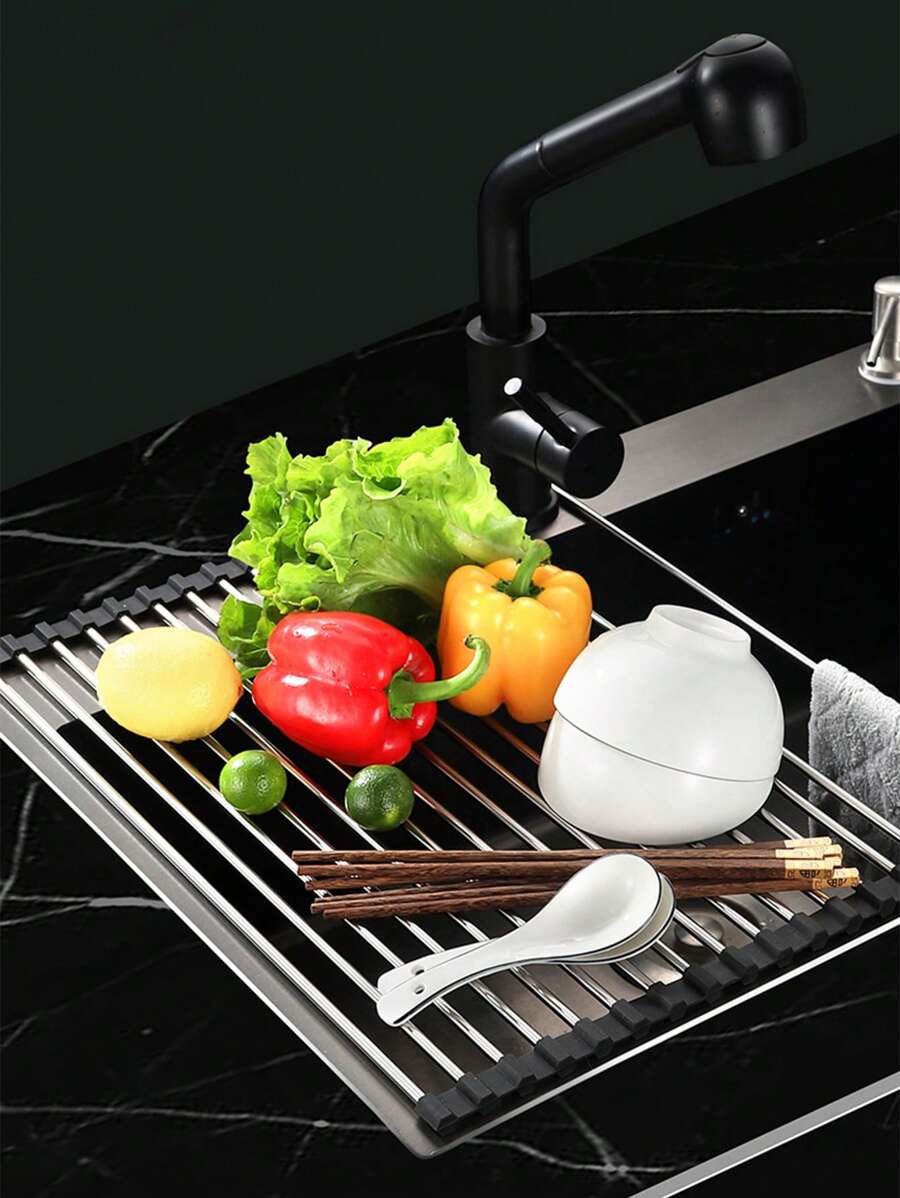 1入摺疊不銹鋼碗架，廚房水槽蔬菜篩，大號可摺疊瀝乾架，隔熱墊，多功能排水架，蔬菜清潔墊和隔熱墊 - 增強您的廚房實用性