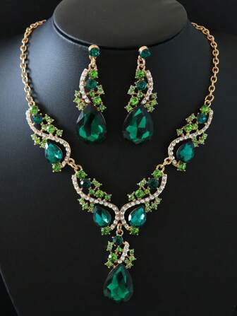 3pcs/Set Ladies Alloy Diamond-Encrusted Glass Jewelry Set, Including 1 Pair Of Earrings And 1 Necklace, Perfect For Wedding Parties And As Gifts