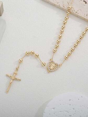 1pc Heart & Virgin Mary Beaded Necklace With Cross Pendant, Suitable For Daily Wear Or Festival Party For Women Valentines,Mom,Mother,Mother's Day,Gift