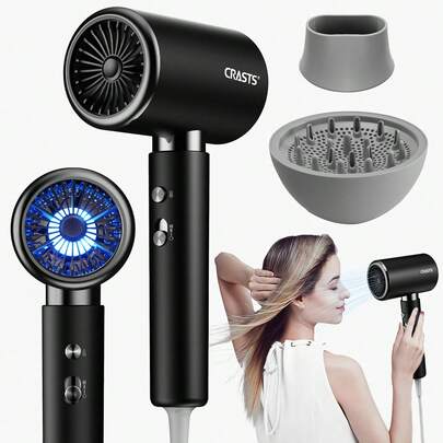  Asciugacapelli nero classico CRASTS con tre impostazioni di temperatura, cura dei capelli a temperatura costante, passaggio tra aria fredda e calda con un solo pulsante, fornito con ugello concentratore e diffusore MD-19. Velocità del vento di 15 m/s, velocità di rotazione di 20.000 giri/min, potenza massima di 2000 W, adatto per lo styling dei capelli a casa.