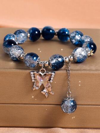 1pc Fashionable Sweet Butterfly & Beaded Bracelet, Perfect Gift For Friends Or Besties