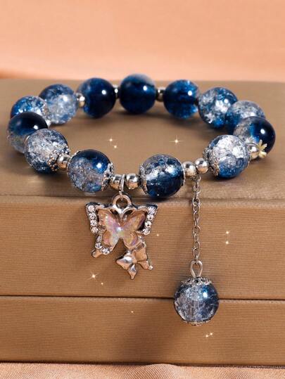 1pc Fashionable Sweet Butterfly & Beaded Bracelet, Perfect Gift For Friends Or Besties