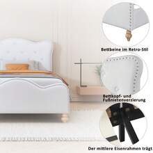 Cama tapizada, estructura de cama de tela de lino blanca, agradable para la piel, con cabecero y pie de cama, cama individual acolchada, cama juvenil, cama de invitados de 90 x 200 cm, sin colchón - Blanco - Ver 4