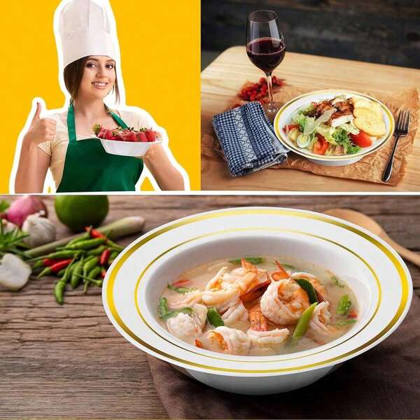 25pcs Set Gold Rim Reusable Picnic Bowls, Party Dining Dessert Salad Rice Soup Bowls