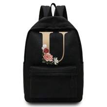 Lightweight,Portable Gold Letter Flower Printing Unisex Shoulder Backpack Outdoor Sport Bag Large Capacity Travel Hiking Rucksack Canvas Bags Casual School Bag Backpacks Laptop Organizer Zipper For Men Women Teenager Student School Backpack For College Students Perfect For College,Business, Work, Commute,Outdoors, Hiking, Travel, Climbing, Stadium, Sports, Outings ,Back To School - Black - View 14