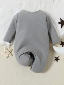Baby Boy Islamic Festival Adorable Cartoon Stars & Moon Printed Round Neck Long Sleeve Jumpsuit With Front Snaps - Grey - View 2