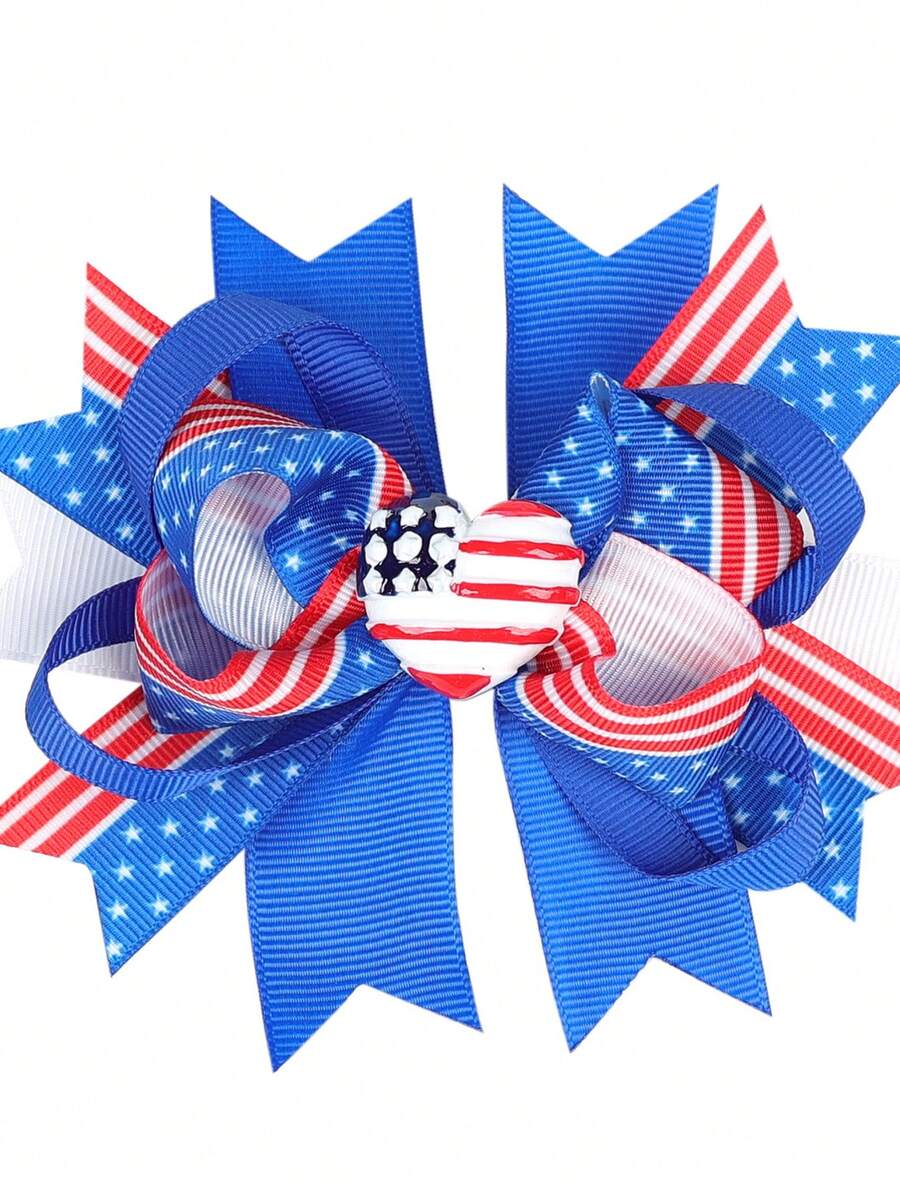1pc American Independence Day Double-Layered Ribbon Bow Hair Clip With Stripes And Stars Pattern - Blue - View 1