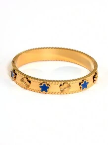 1pc Stainless Steel Colorful Flower Five-Pointed Star Design Women's Wide Cuff Bracelet, Golden, Bestie Gift Valentines,Mom,Mother,Mother's Day,Gift - Flower - View 18