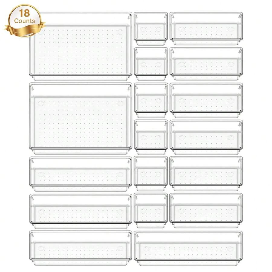THELIFE Bộ sắp xếp ngăn kéo 18 món với 4 kích cỡ, bao gồm bàn trang điểm đa năng và ngăn kéo phòng tắm, khay sắp xếp ngăn kéo bằng nhựa trong suốt để bàn và hộp đựng đồ trang trí văn phòng nhà bếp mỹ phẩm tùy chỉnh Trang trí mùa thu Trang trí lễ hội Trang trí phòng Trang trí nhà Trang trí mùa thu Trang trí phòng ngủ - Trong sáng - Xem 1