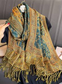 1 件时尚佩斯利印花保暖围巾，经典佩斯利头巾和适合 Abaya 的披肩头巾 - 墨綠色 - 查看 5