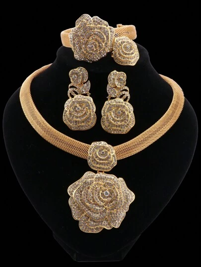 1 Set Gold-Plated Crystal Rose Pendant Necklace, Earrings, Bracelet & Ring Jewelry Set, Suitable For Bridesmaids, Weddings, Parties, And Daily Wear Valentines,Mom,Mother,Mother's Day,Gift