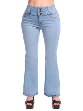Devendi Jeans Tiro Alto, Mezclilla Súper Stretch, Corte Campana y Colombiano, Push Up