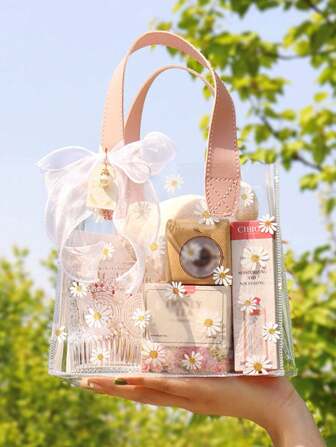 1/5pcs Small Daisy Gift Bag, Wedding Bridesmaid Portable Gift Bag, Transparent Daisy Printed Wedding Gift Bag, Group Gift Bag, Holiday Party Supplies Beautiful Gift Bag, Easter Gift (With Ribbons),