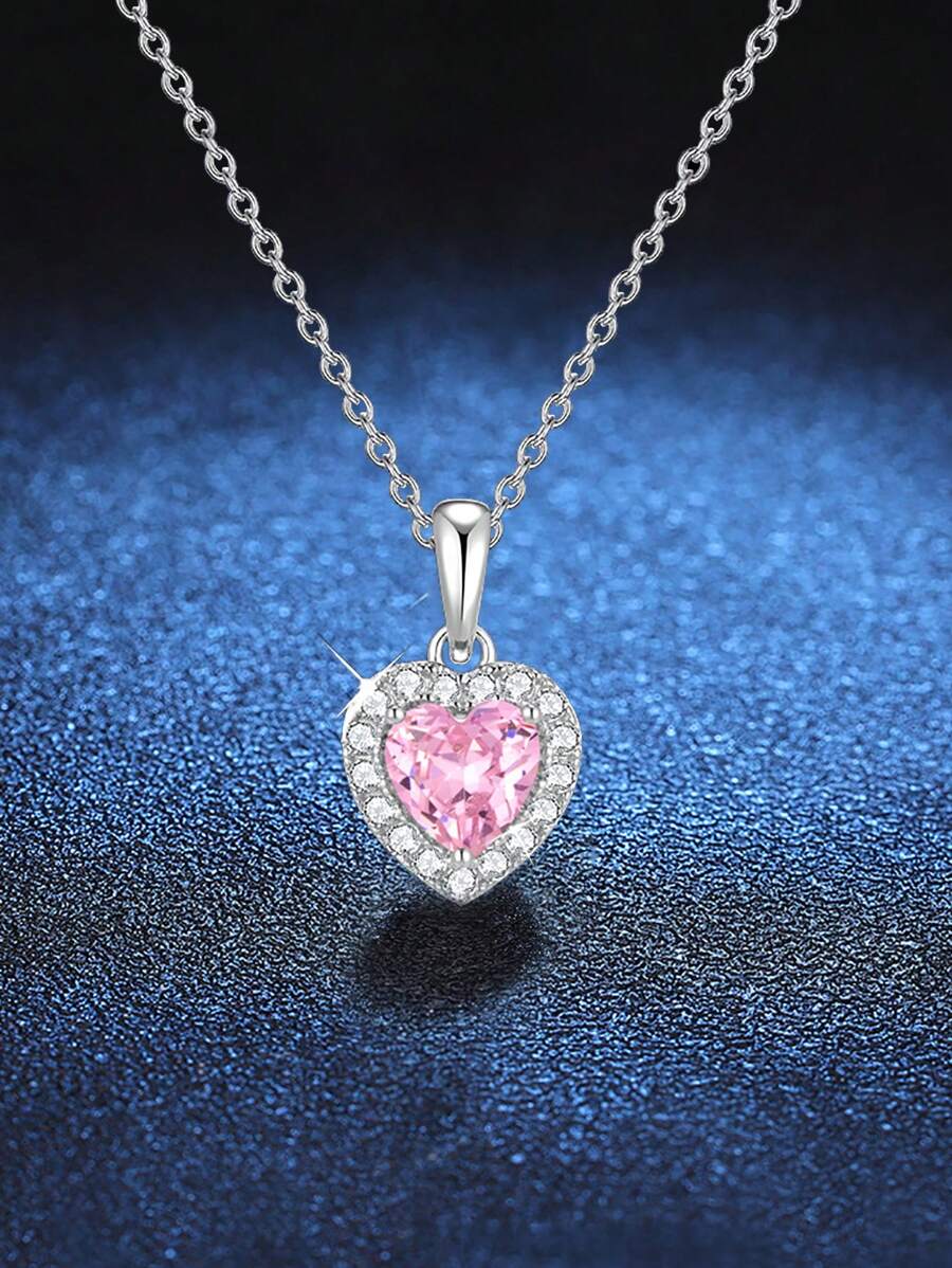 1 件时尚百搭 925 银粉红锆石心形项链，适合女性日常佩戴、婚礼、周年纪念、母亲节、情人节、结婚礼物 - 粉色 - 查看 1