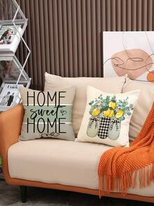 1pc/4pcs Lemon & Bowknot Print Black & White Gingham Bottle& Letter Print Linen Cushion Cover , Pillow Case, Room Decoration, Bedroom Decoration, Sofa Decoration, 18*18 Inches (Pillow Core Not Included) - Multicolor - View 4