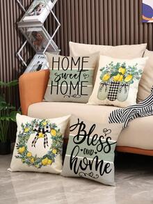 1pc/4pcs Lemon & Bowknot Print Black & White Gingham Bottle& Letter Print Linen Cushion Cover , Pillow Case, Room Decoration, Bedroom Decoration, Sofa Decoration, 18*18 Inches (Pillow Core Not Included) - Multicolor - View 3