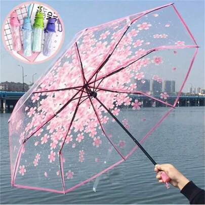 1PC Folding Umbrella, Convenient To Carry Cute And Fresh Umbrellas, Simple Forest Cherry Blossom Transparent Umbrella, Cute Cherry Blossom Pattern Transparent Umbrella, Folding Umbrella, Women's Manual Umbrella, Travel Umbrella, Suitable For Photography Cherry Blossom Transparent Umbrella