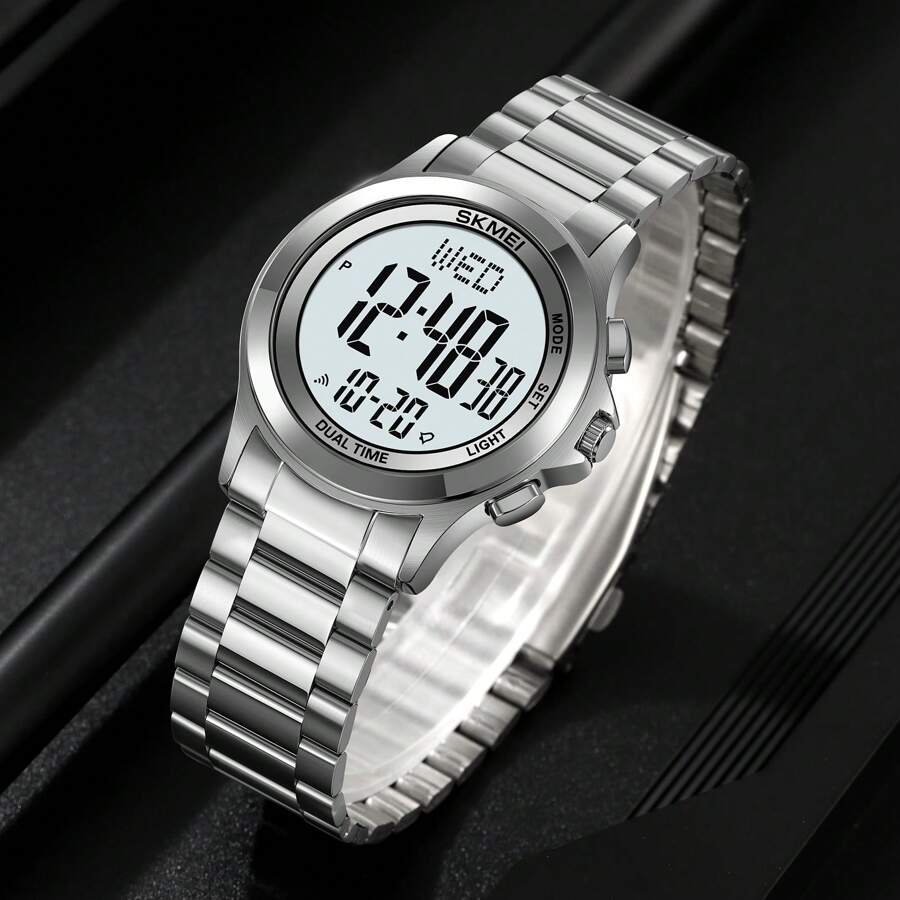 SKMEI 商務男士不鏽鋼防水手錶，帶 EL 燈，計時功能，跨境熱銷產品 - 銀色 - 查看 1