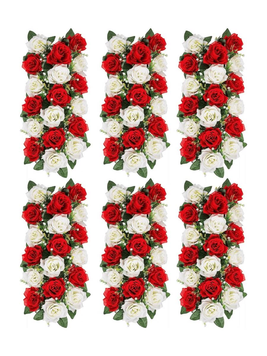 2Pcs Wedding Dining Table Flower Centerpiece Arch Silk Rose Floral Arrangement Table Runner Decorations Royal Blue&White Artificial Rose Floral For Room Kitchen Reception Table Decor Party Birthday,Valentine'S Day,Mother'S Day Gift - 紅白色 - 查看 1