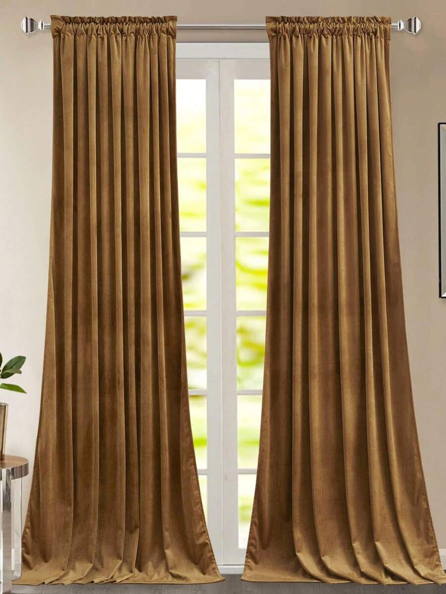 1pc Multi-Color Velvet Curtain, Modern And Minimalist Style, Suitable For Living Room And Bedroom, Rod Pocket Design - Chocolate Brown - View 1