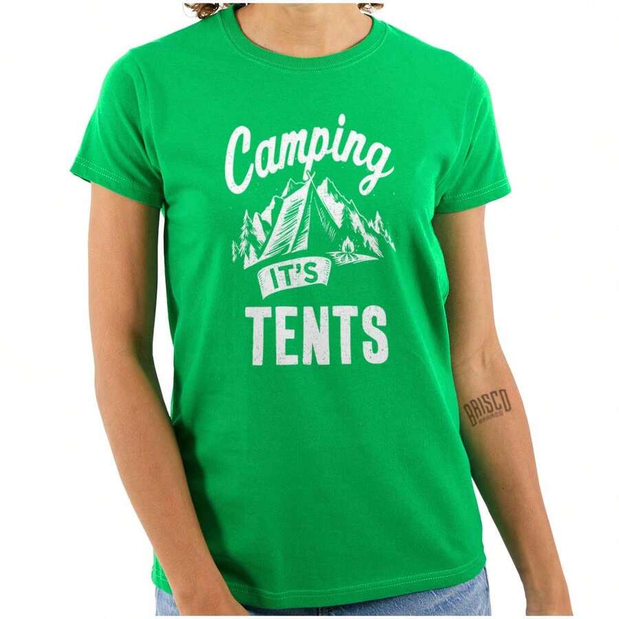 BRISCO BRANDS Camping Womens Fitted Graphic Tee Shirt Its Tents Funny Outdoor Adventure Pun Forest Wilderness Saying Ladies Casual Slim Fit Fashion Cotton Printed Short Sleeve Crewneck Tshirt - 愛爾蘭綠 - 查看 1