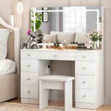 VOWNER Makeup Vanity Desk Set With Prower Outlet & LED Lighted Mirror, Brightness & Lighting Color Adjustable, Come With Stool, 9 Drawers For Storage, Vanity Table For Girls Women, Halloween & Thanksgiving - 白色 - 查看 2
