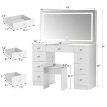 VOWNER Makeup Vanity Desk Set With Prower Outlet & LED Lighted Mirror, Brightness & Lighting Color Adjustable, Come With Stool, 9 Drawers For Storage, Vanity Table For Girls Women, Halloween & Thanksgiving - 白色 - 查看 7