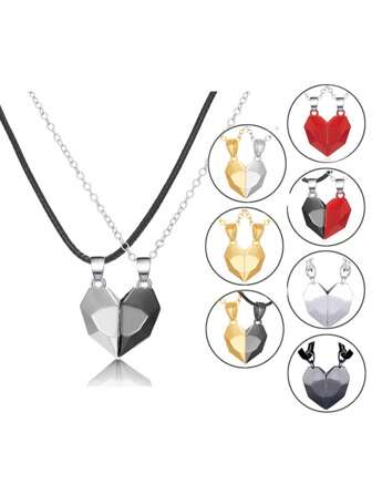 1 Pair Magnetic Couple Necklace, 2pcs Magnetic Attraction Strips With Adjustable Strings, Heart Pendant Collarbone Chain, Black And White Color Mixing, Couple Joint Magnetic Heart Necklace With Wish Stone, Valentine's Gift Valentines