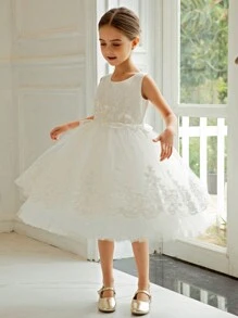 Váy công chúa thanh lịch ren, ngọc trai và lưới trang trí hoa cho bé gái, thích hợp cho tiệc sinh nhật, tiệc, vũ hội, các dịp lễ, phù dâu, đám cưới - trắng - Xem 5