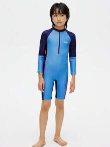 Annil Tween Girl Elastic Sun Protection Conservative One Piece Long Sleeved Swimwear And Swimming Cap 2 Pieces Set Blue - Blue - View 2