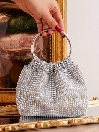 带水钻装饰的晚装手拿包，双环手柄手提包，手机派对包，时尚配饰，非常适合派对婚礼舞会晚宴/宴会，搭配节日派对礼服晚礼服和亮片礼服，完美搭配新年服装，与女士派对礼服完美搭配，迷人的水钻包
