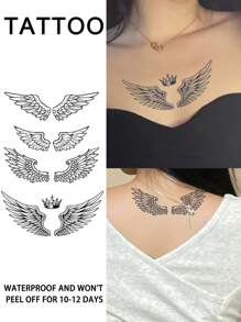 1 pieza Tatuaje temporal de corona con alas, resistente al agua y al sudor, dura 1-2 semanas, diseño de patrón de jugo de hierbas realista, no reflectante, diseño geométrico, tatuaje falso negro, unisex, aplicable al pecho, cuello, abdomen, cintura y otras partes del Body, arte corporal moderno - Negro - Ver 2
