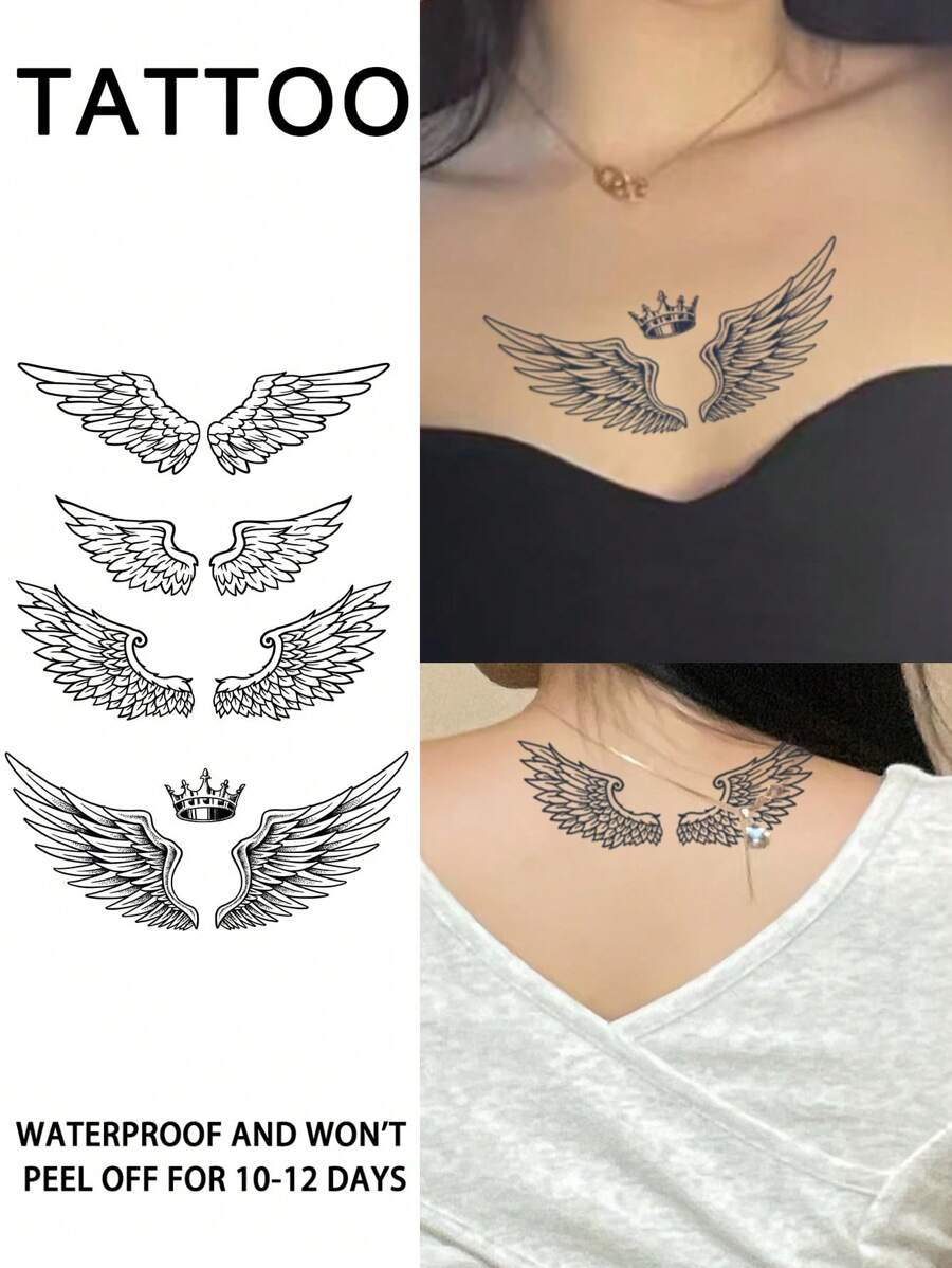 1 pieza Tatuaje temporal de corona con alas, resistente al agua y al sudor, dura 1-2 semanas, diseño de patrón de jugo de hierbas realista, no reflectante, diseño geométrico, tatuaje falso negro, unisex, aplicable al pecho, cuello, abdomen, cintura y otras partes del Body, arte corporal moderno