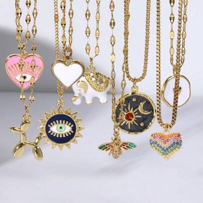 一条心形邪眼与太阳吊坠项链，适合女士，配有乌龟、蜜蜂、大象、熊和心形吊坠，金色，由不锈钢制成，情人节珠宝