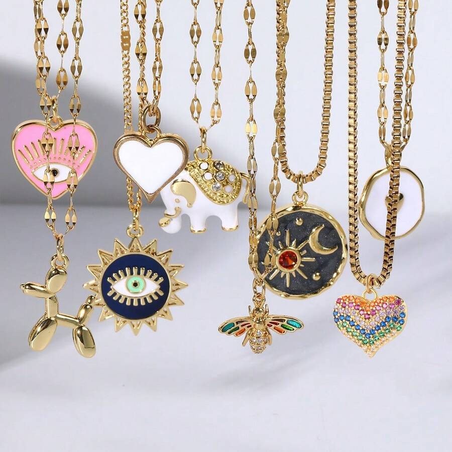 1pc Y2K Stainless Steel Multi-Color Heart & Eye Pendant Necklace For Women, Suitable For Christmas, Thanksgiving, Autumn/Winter Daily Wear, Great Gift