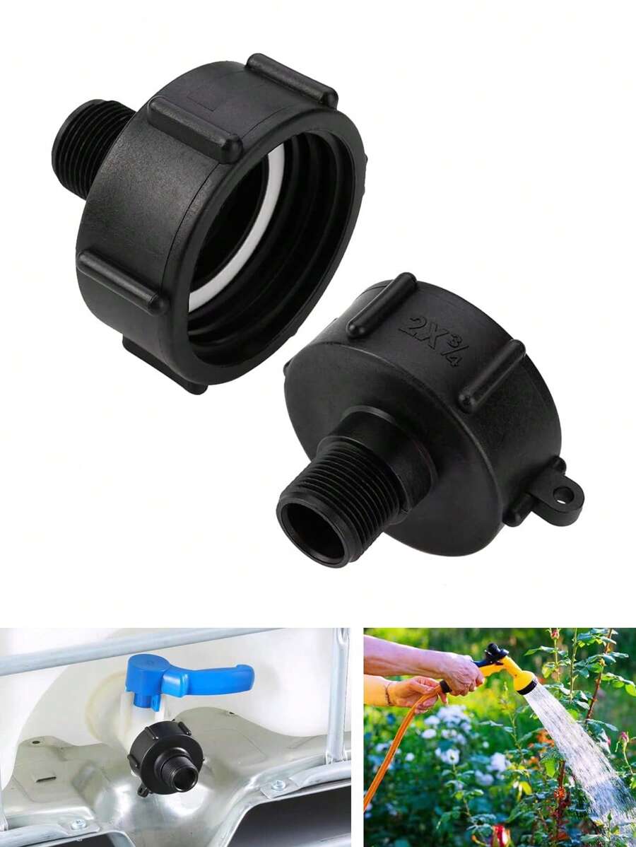 Conexiones para IBC Tote: Adaptador para tanque IBC Tote con conexión S60*6 para manguera de agua, adaptador de válvula para tote y adaptador para drenaje con rosca gruesa de 2" y conexión Macho G de 3/4". - Negro - Ver 1