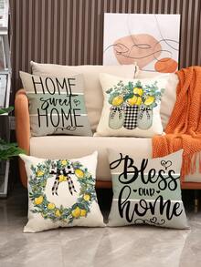 1pc/4pcs Lemon & Bowknot Print Black & White Gingham Bottle& Letter Print Linen Cushion Cover , Pillow Case, Room Decoration, Bedroom Decoration, Sofa Decoration, 18*18 Inches (Pillow Core Not Included) - Multicolor - View 1