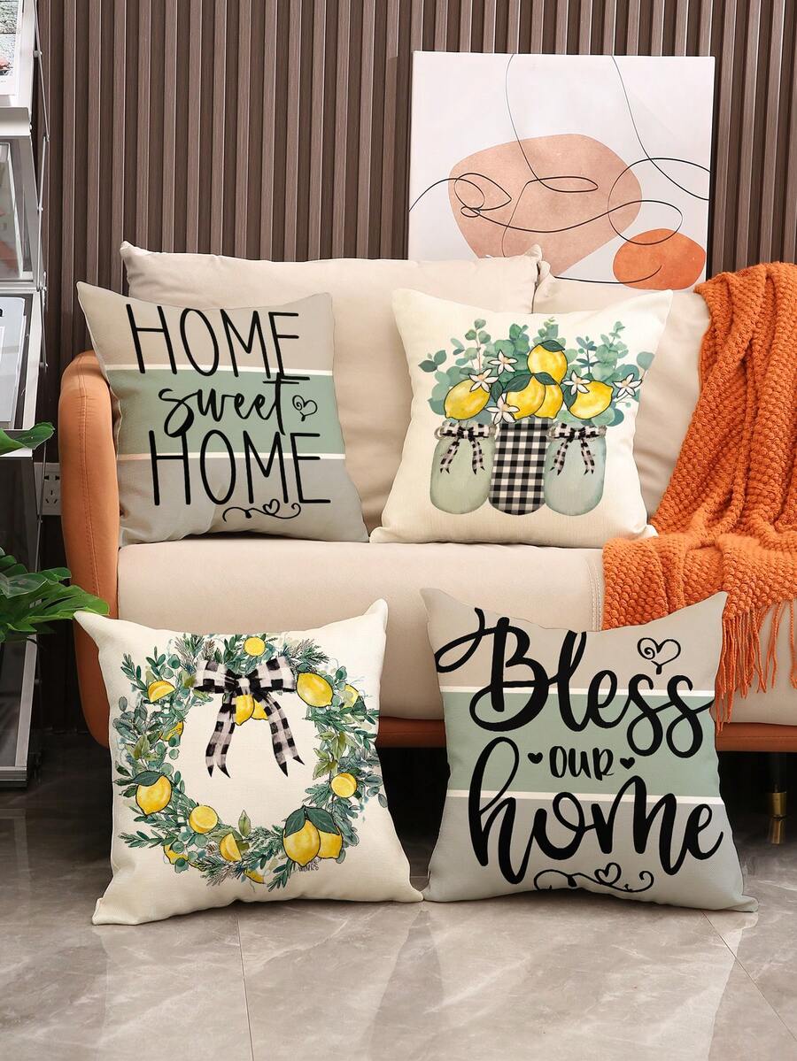 1pc/4pcs Lemon & Bowknot Print Black & White Gingham Bottle& Letter Print Linen Cushion Cover , Pillow Case, Room Decoration, Bedroom Decoration, Sofa Decoration, 18*18 Inches (Pillow Core Not Included) - Multicolor - View 1