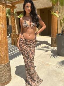Set de 3 piese bikini sexy imprimat pentru damă, cu bretele, stil dulce pentru plajă, ocazional, pentru vacanță, costume de baie de vară - Imprimeu maro leopard - Vizualizare 1